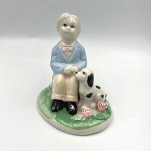 Vintage Ceramic Boy & Dog Figurine‎ Pastel Roses Collectible Home Decor